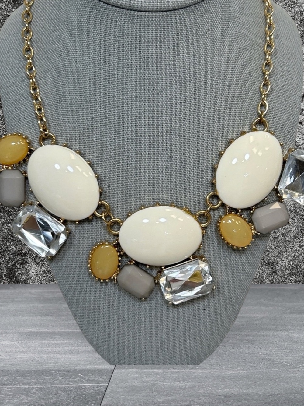 Gold Tone Statement Necklace | Cream, Blush Gray & Clear Crystal Bib Necklace